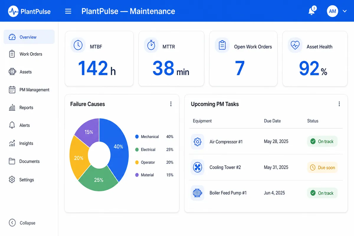 PlantPulse maintenance dashboard with MTBF, MTTR, work orders and asset health.